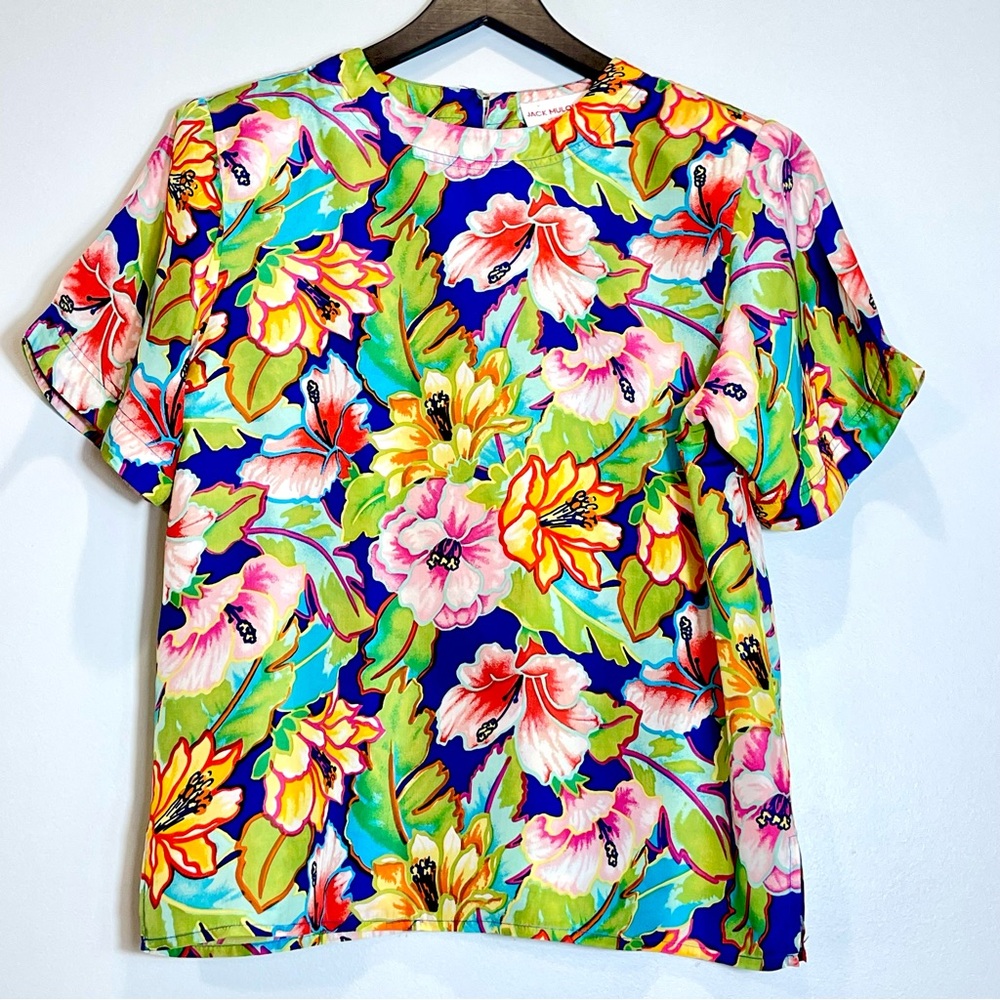JACK MULQUEEN Women's Vtg Short Sleeve Floral Blouse Multicolor 100% Silk Size M